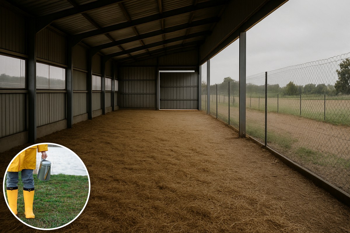 Illustrative AI-generated empty farm shed with a stock rubber-boots inset; not an actual poultry property.