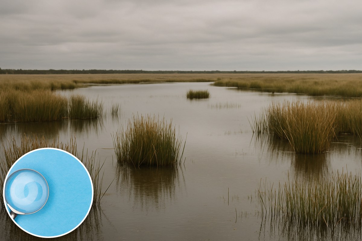 Illustrative AI-generated empty wetland with reeds and a stock magnifying glass inset; not a photograph of Green Swamp or Tae Rak.