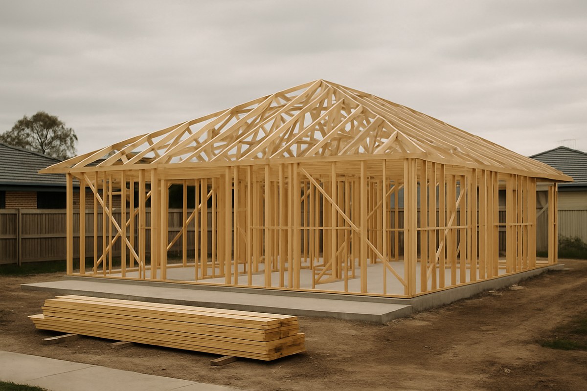 A partly built timber-framed house on a suburban block under an overcast sky, with bare roof trusses and stacked timber.