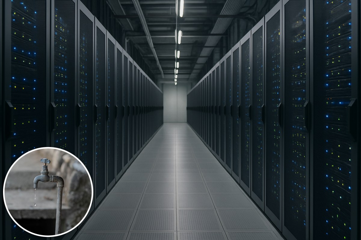 A dim aisle between tall server racks with blinking lights, with an inset of a dripping outdoor tap.