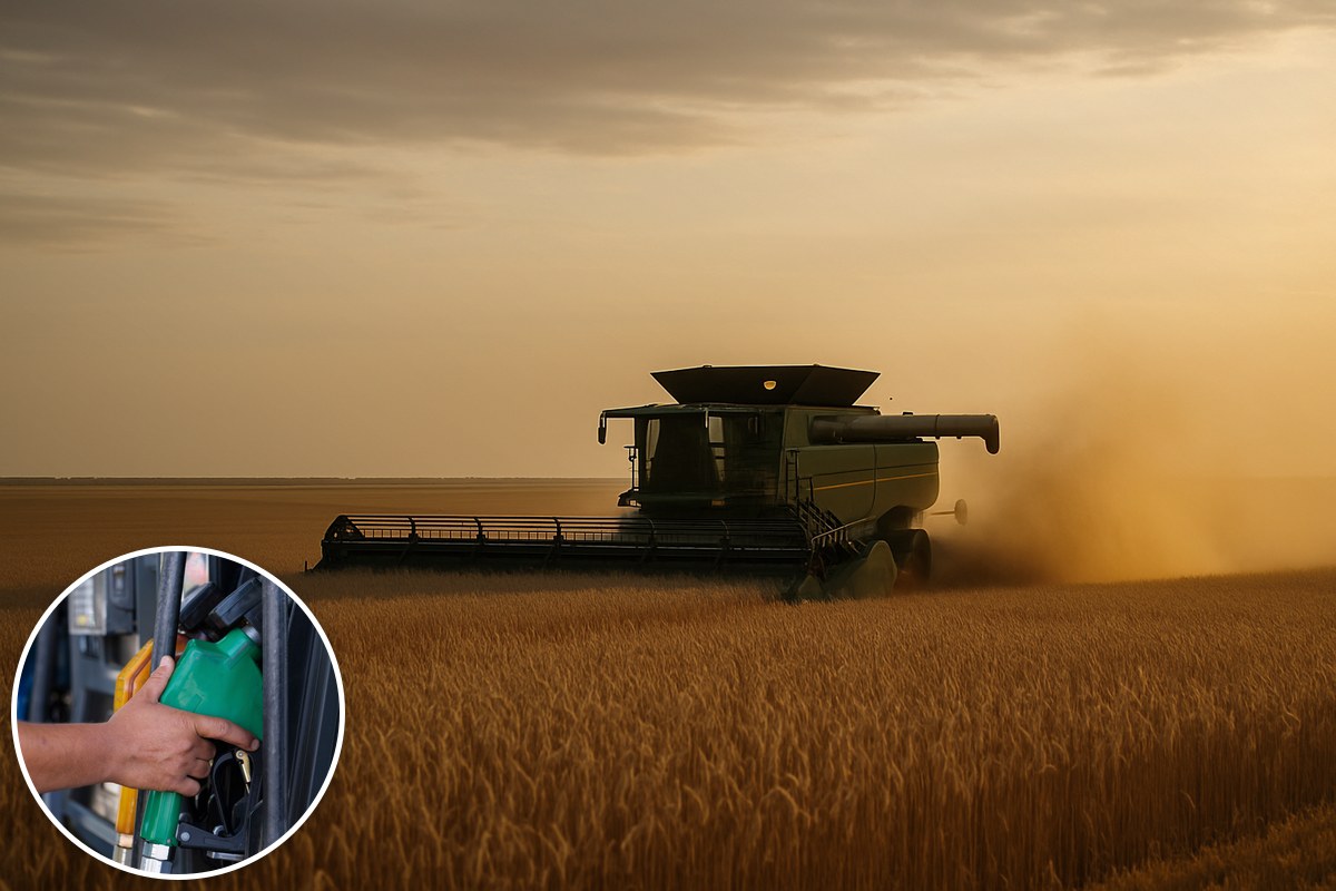 A combine harvester cutting golden wheat at dusk, with an inset of a hand holding a fuel pump nozzle.