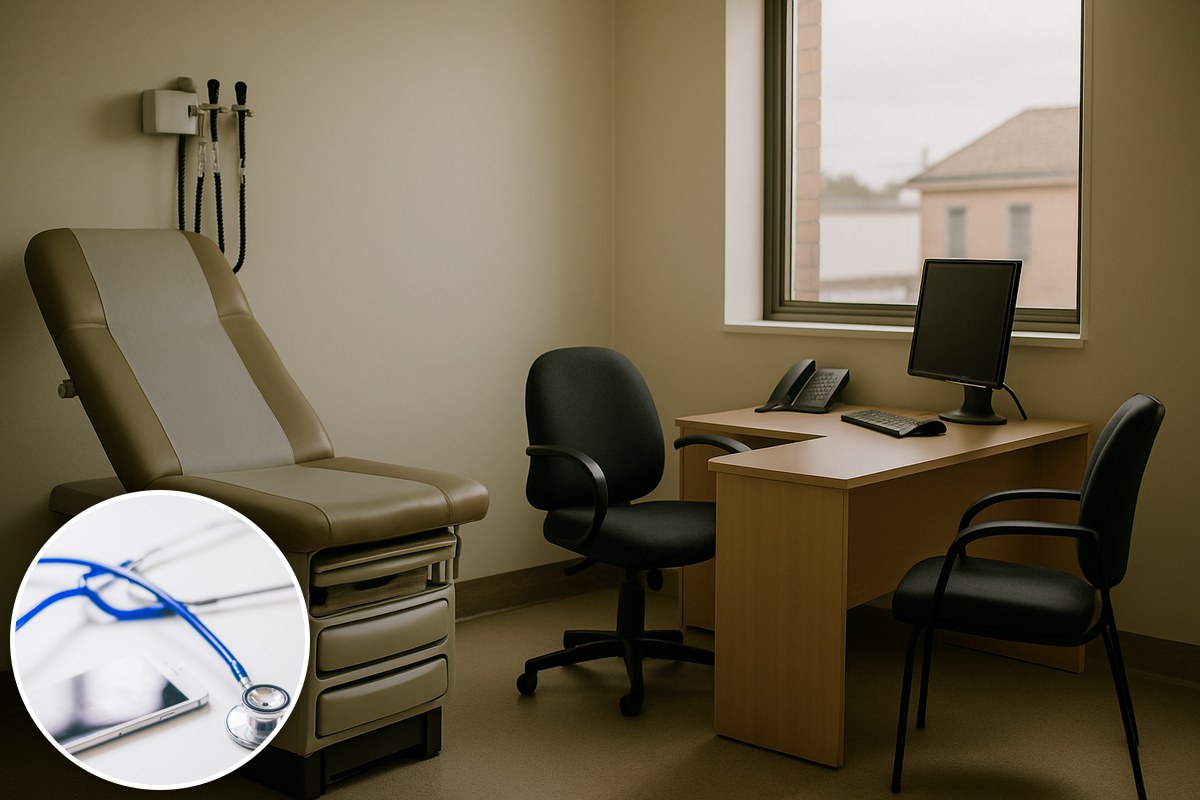 Illustrative AI-generated empty medical consultation room with a stock stethoscope inset; not an actual facility.