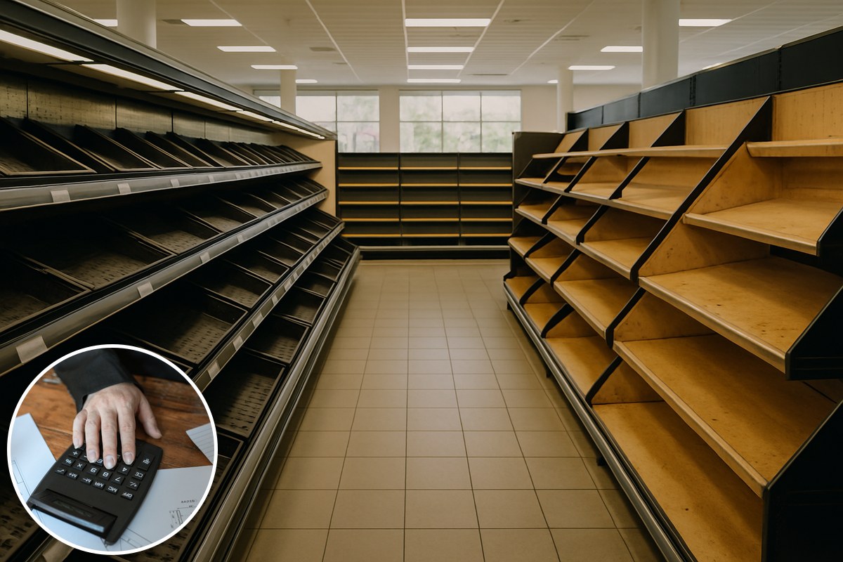 An illustrative AI-generated empty grocery aisle with a stock calculator inset; not a proposed Victorian store.