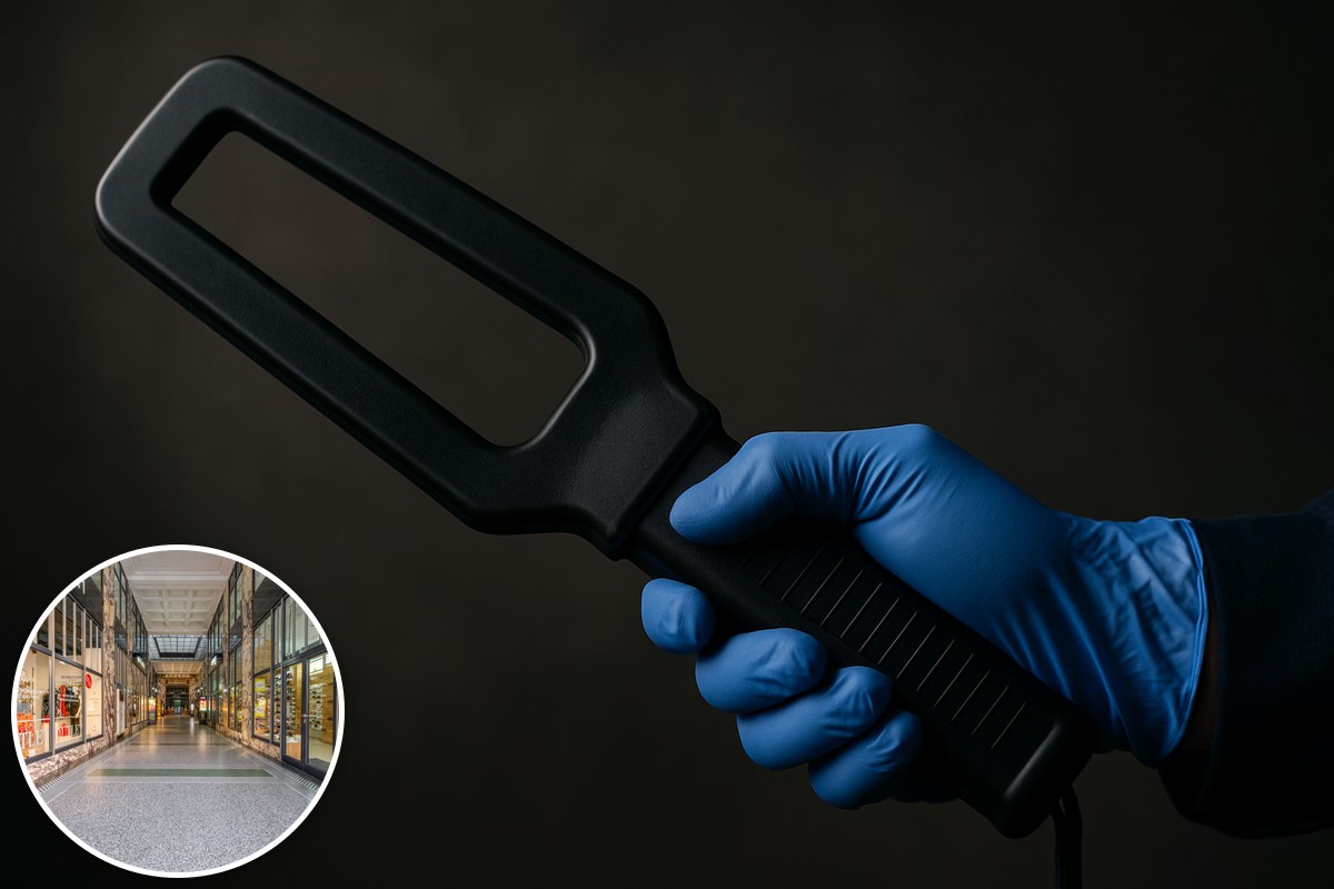 A gloved hand holding a handheld security scanning wand against a dark background, with an inset of an empty shopping arcade.