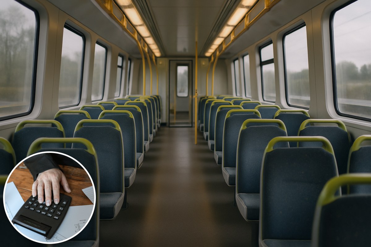 Illustrative AI-generated empty commuter carriage with a stock calculator inset; not a specific Victorian train.