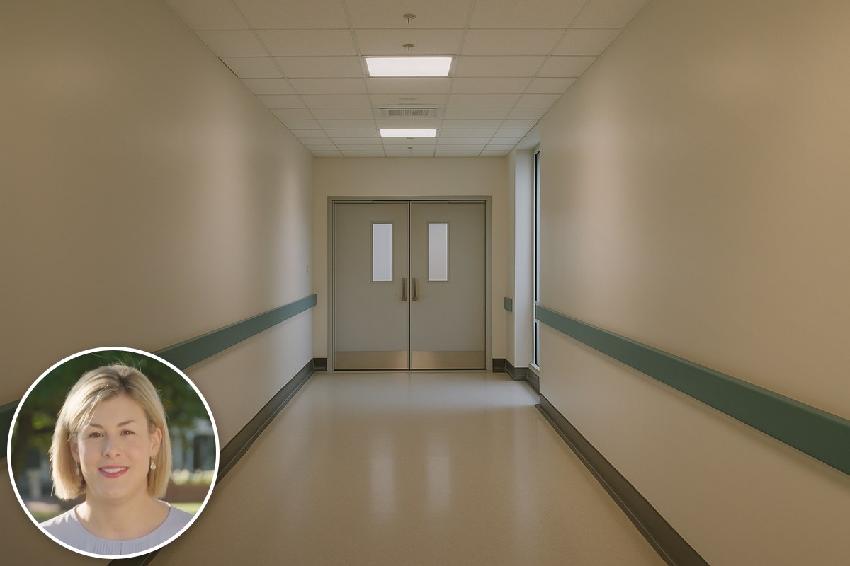 An empty hospital corridor leading to closed double doors, with an inset portrait of Opposition Leader Jess Wilson.