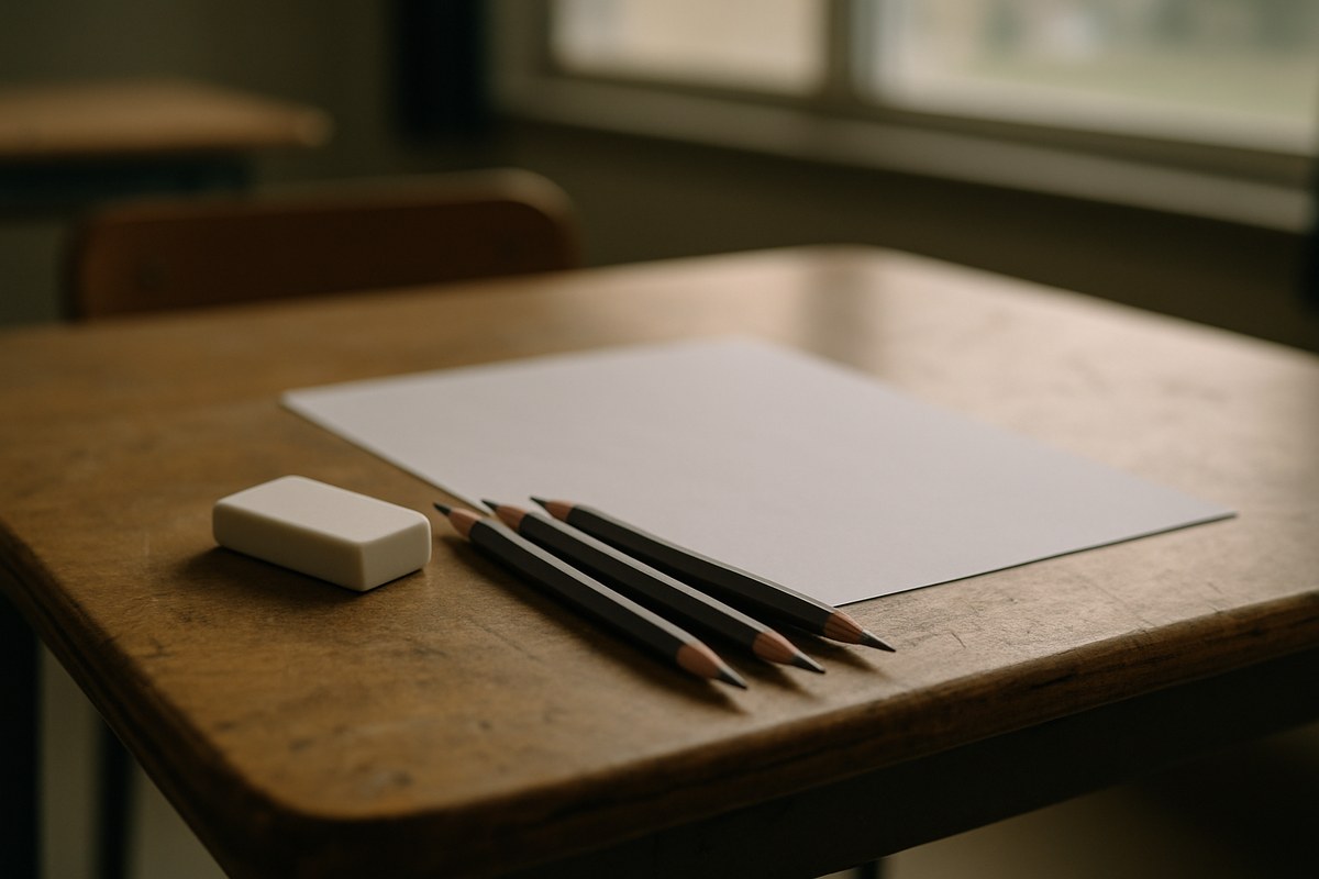 Sharpened pencils and an eraser resting on a worn wooden school desk beside a blank sheet of paper.