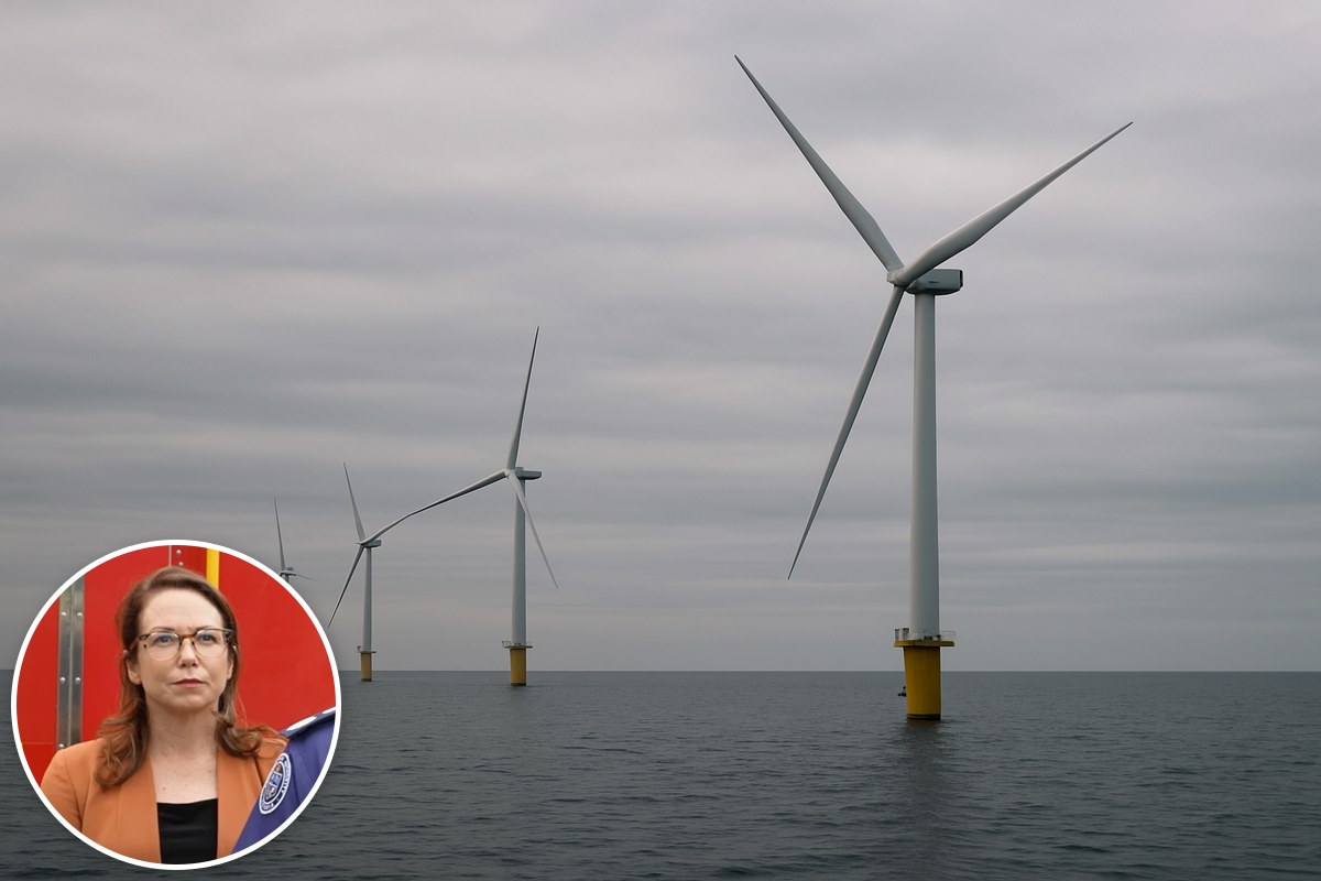 White offshore wind turbines rising from a calm grey sea, with an inset portrait of Energy Minister Jaclyn Symes.