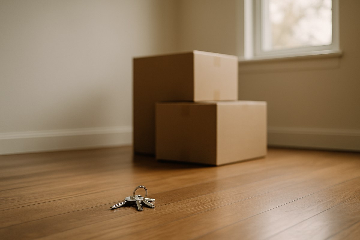 House keys on bare floorboards beside cardboard moving boxes in an empty sunlit rental room.