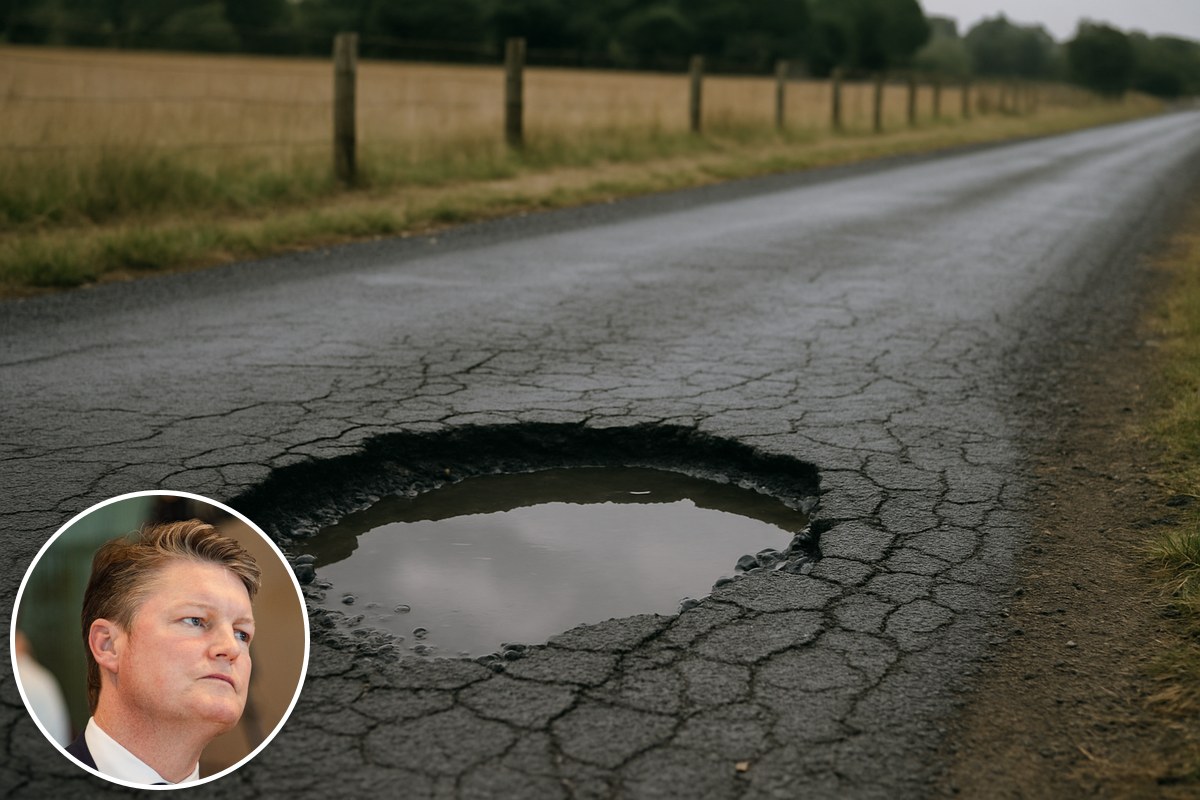 A rain-filled pothole in a cracked country road, with an inset portrait of Premier Ben Carroll.