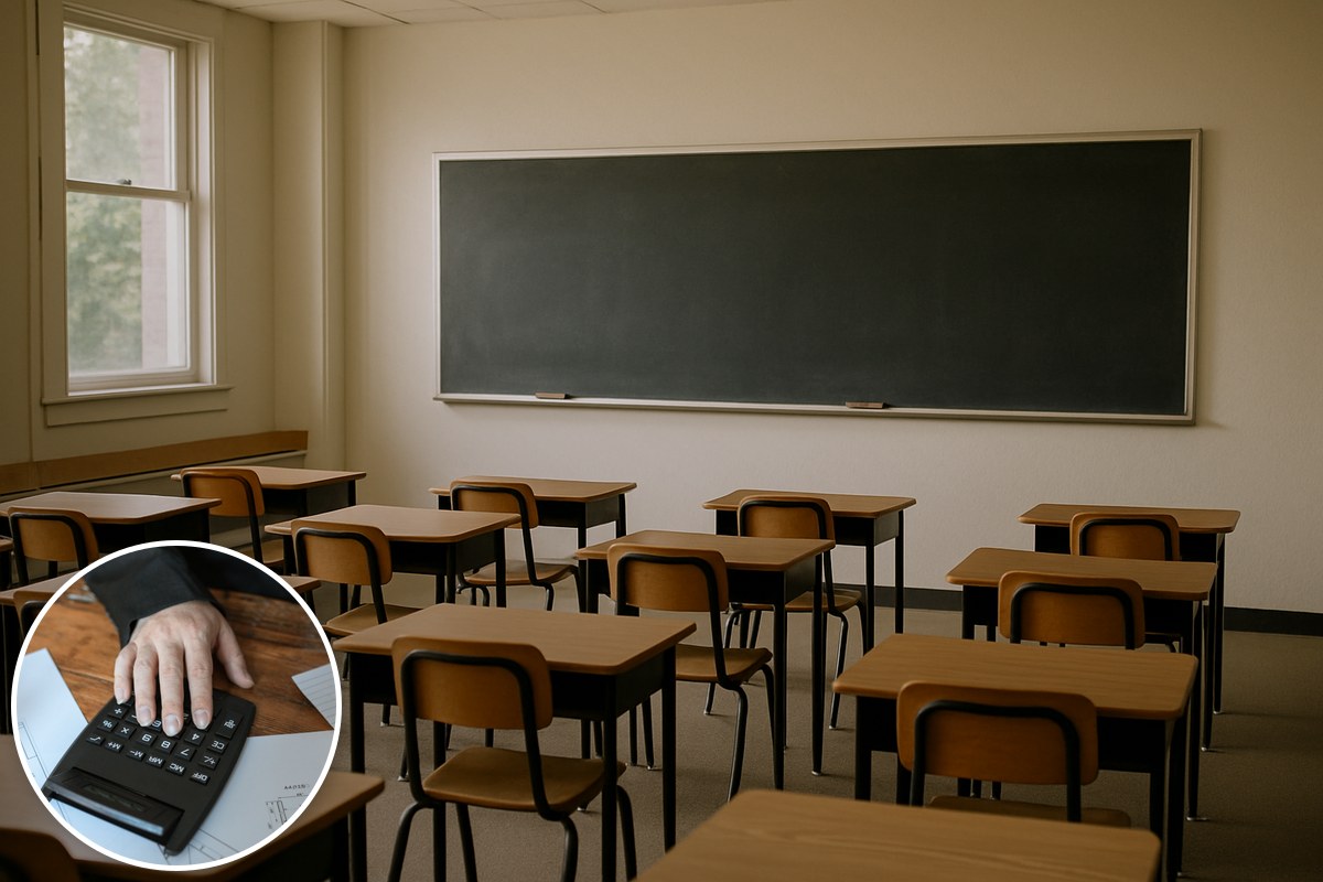 Illustrative AI-generated empty classroom with a stock calculator inset; not a particular Victorian school.