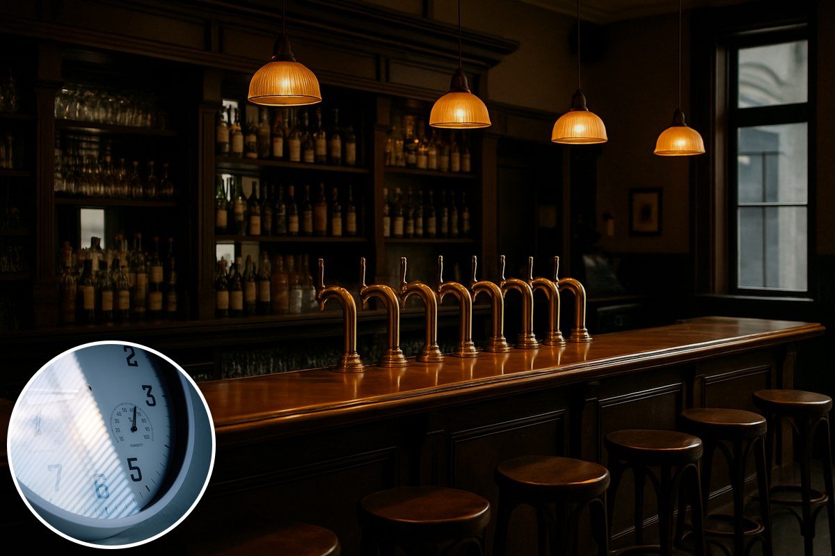 A warm empty pub bar with brass beer taps and amber lights, with an inset of an analog clock.