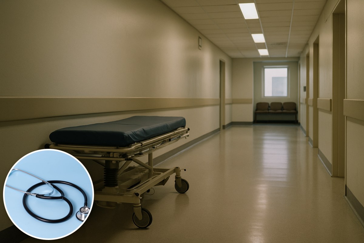 An empty hospital corridor with an unoccupied gurney against the wall, with an inset of a stethoscope.