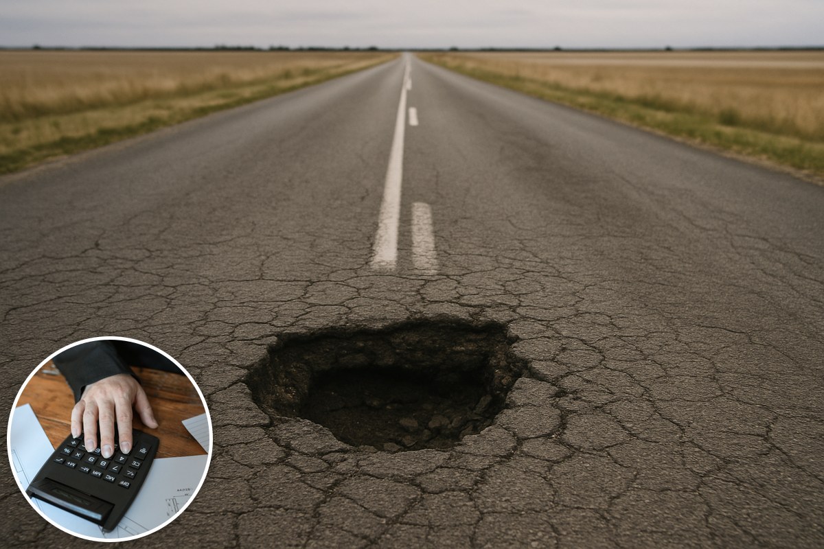 A deep pothole in cracked asphalt on a flat country road, with an inset of a hand using a calculator.