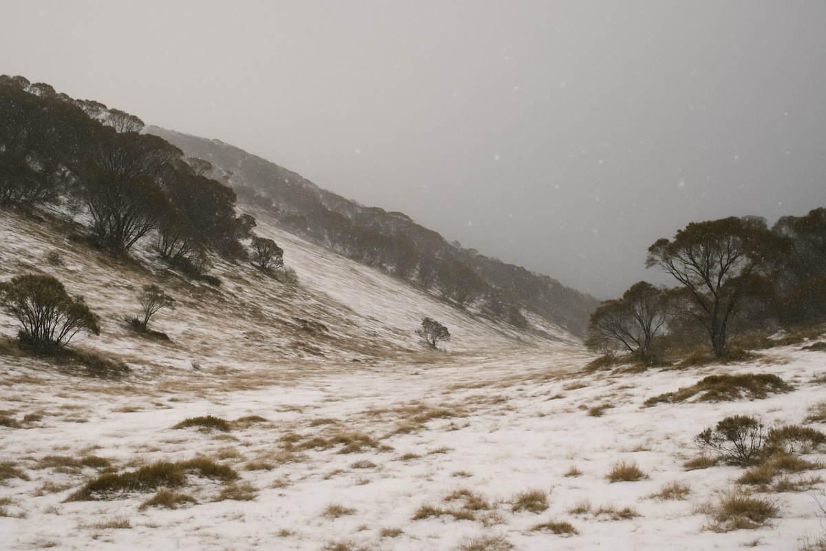 A thinly covered Australian alpine ski slope under a grey winter sky, with snow gums and patches of grass showing through.