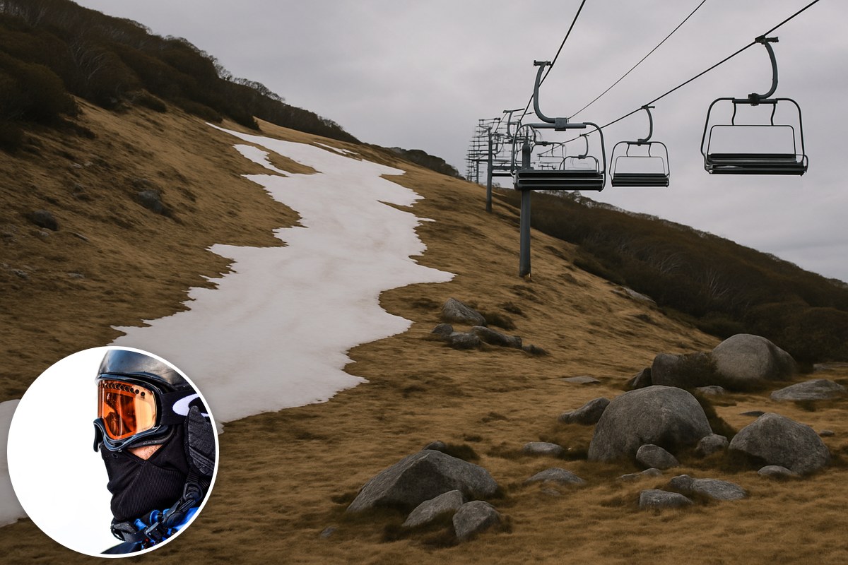 A single strip of melting snow on a bare alpine slope beneath an empty chairlift, with an inset of a skier in goggles.