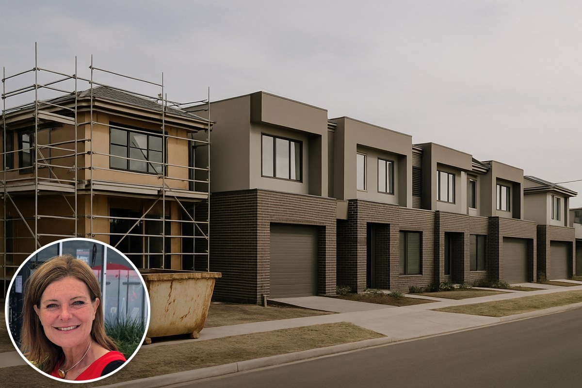 A row of newly built townhouses with one under scaffolding, with an inset portrait of Planning Minister Sonya Kilkenny.