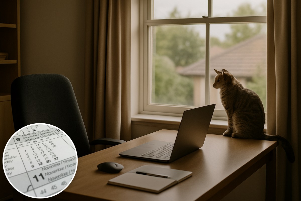 A laptop on a desk in a quiet home study with a cat on the windowsill, with an inset of a calendar.