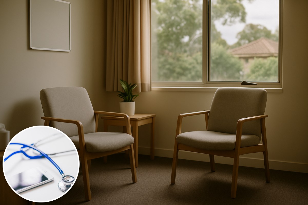 Illustrative consultation room with empty chairs and a stock stethoscope inset; not the proposed facility.