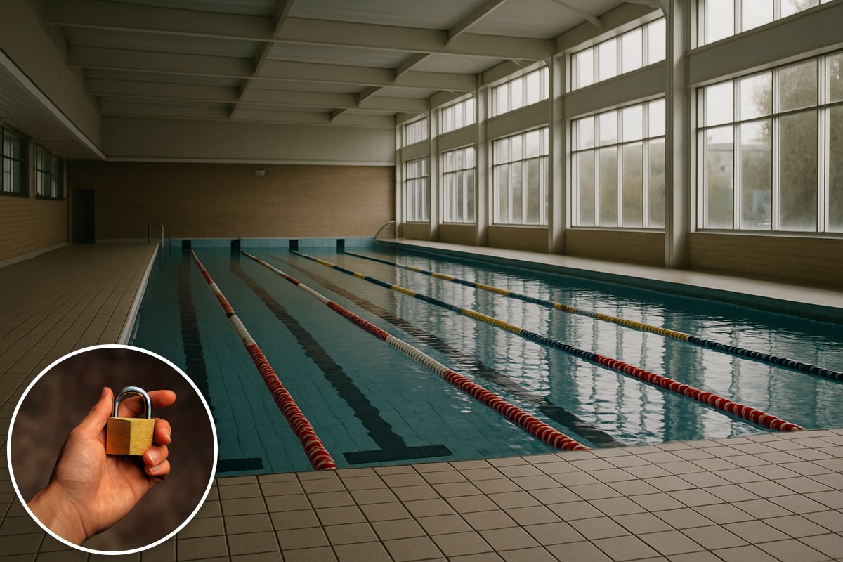 Illustrative AI-generated empty indoor swimming pool with a stock padlock inset; not a specific council venue.