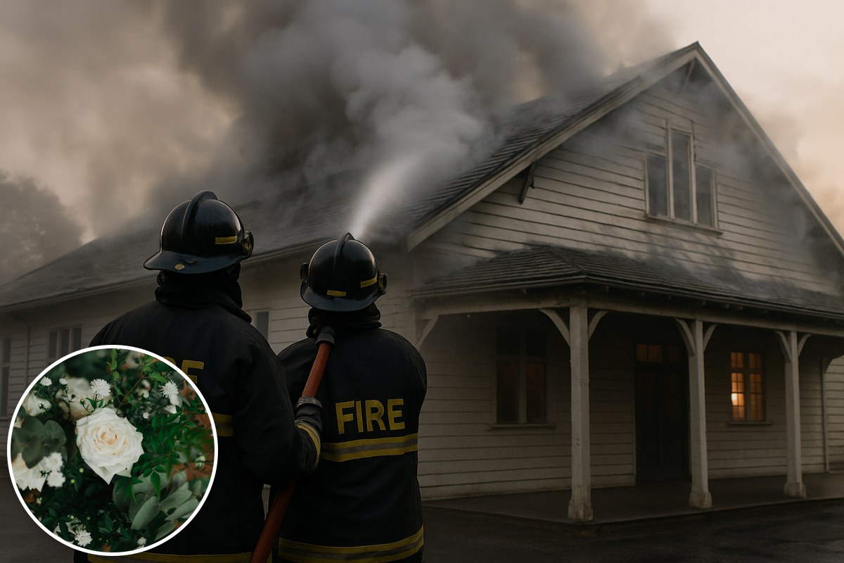 Two firefighters seen from behind aiming a hose at the smoking roof of an old weatherboard hall, with an inset of a white flower bouquet.