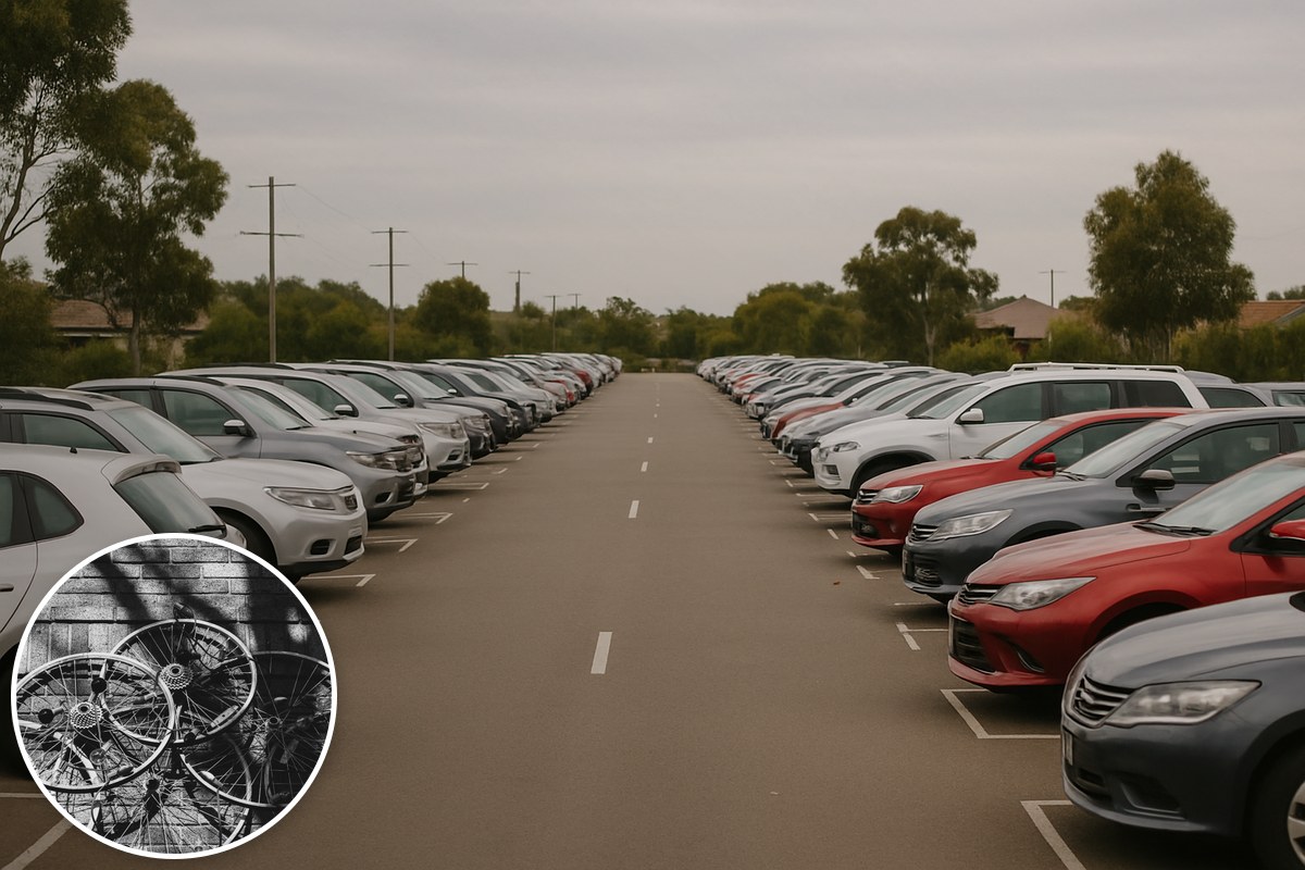 An illustrative AI-generated suburban car park with a stock bicycle-wheel inset; not West Tarneit station.