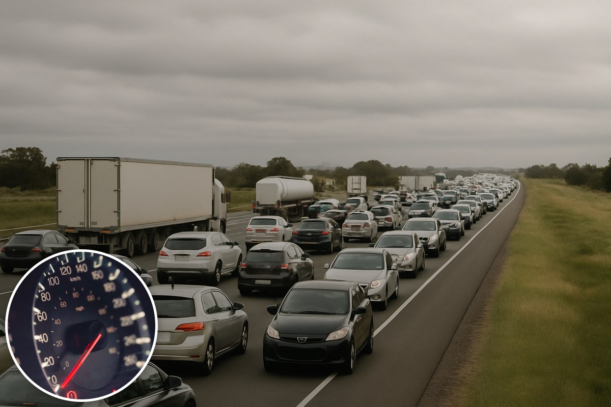 Bumper-to-bumper traffic on a flat freeway under an overcast sky, with an inset of a car speedometer.
